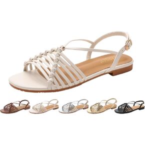Women's Flat Sandals, French Vintage Strappy Gladiator Sandals, Round Toe Crisscross Dressy Sandals with Adjustable Ankle Strap Buckle for Summer Beach Vacation in Saudi Arabia