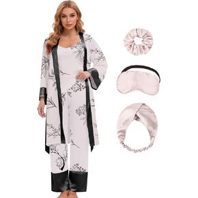 EPLAZA 3 Pcs Silk Pajamas for Women Satin Pajama Set Print Pattern Sexy V-neck Cami Top Pants Pjs Set with Robe Sleepwear in Saudi Arabia