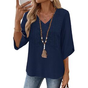 Rapbin Womens 3/4 Sleeve Tops V Neck Casual Shirts Trendy Embroidered Lace Blouses Boho Summer Vacation Clothes in Saudi Arabia