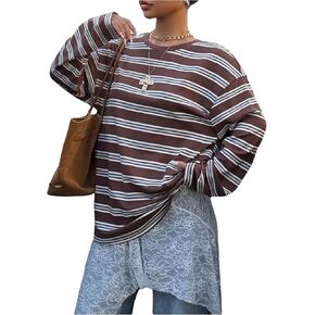 SHENHE Women's Striped Long Sleeve Shirt Y2k Oversized Crew Neck Drop Shoulder Tee Preppy Top in Saudi Arabia