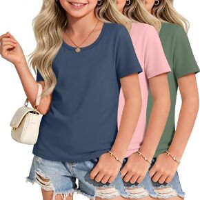 3 Pack Girl's Short Sleeve T Shirts Scoop Neck Slim Fit Kids Tees Basic Summer Casual Tops 5-14 Years in Kuwait