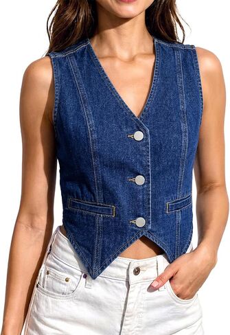 Womens Denim Vest V Neck Cropped Jean Vest Top Button Down Sleeveless Fitted Summer Y2K Western Country Outfits in Kuwait