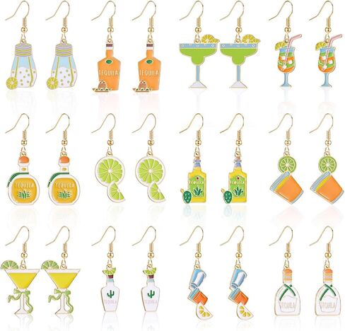Sureio 12 Pairs Tequila Earrings Lime Cocktail Earrings Cute Dangle Gold Plated Whisky Creative Party Favor Gifts for Women in Kuwait
