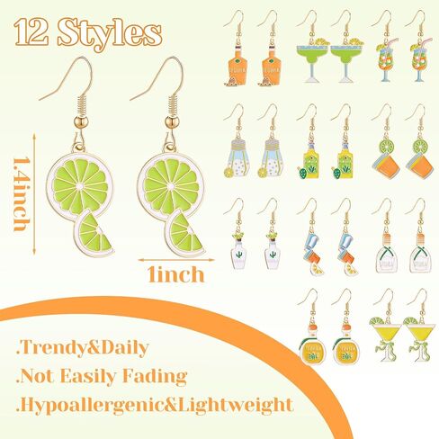 Sureio 12 Pairs Tequila Earrings Lime Cocktail Earrings Cute Dangle Gold Plated Whisky Creative Party Favor Gifts for Women in Kuwait