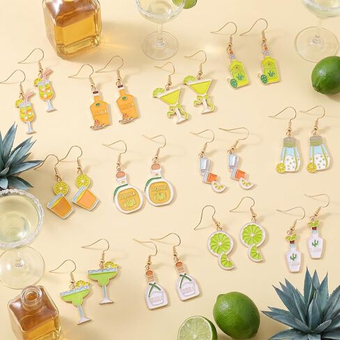 Sureio 12 Pairs Tequila Earrings Lime Cocktail Earrings Cute Dangle Gold Plated Whisky Creative Party Favor Gifts for Women in Kuwait