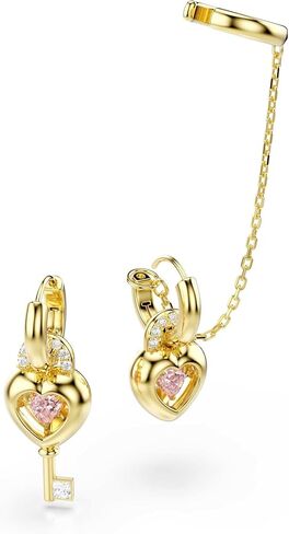 Swarovski Idyllia drop earrings with ear cuff, Mixed cuts, Heart with key, Pink, Gold-tone plated in Kuwait