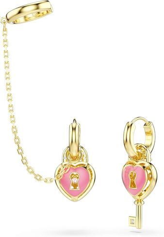 Swarovski Idyllia drop earrings with ear cuff, Mixed cuts, Heart with key, Pink, Gold-tone plated in Kuwait