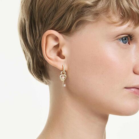 Swarovski Idyllia drop earrings with ear cuff, Mixed cuts, Heart with key, Pink, Gold-tone plated in Kuwait
