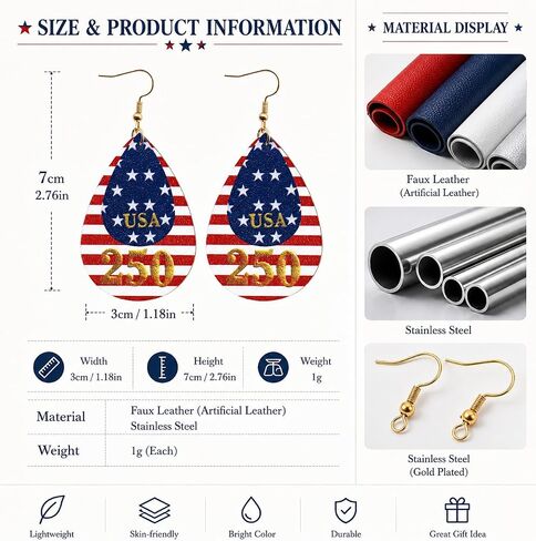 250th Anniversary USA Earrings for Women, Patriotic American Flag Teardrop Dangle Earrings, 4th of July Earrings, Red White and Blue Patriotic Jewelry, America 250 Celebration Accessories Gift in Saudi Arabia