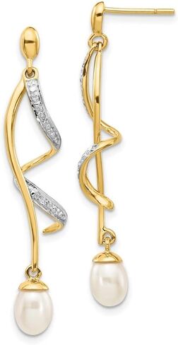 أقراط Diamond2Deal من الذهب الأصفر عيار 14 قيراط والألماس واللؤلؤ البيضاوي مقاس 7 × 5 مم (الطول - 1.65 بوصة، العرض - 0.28 بوصة) in Kuwait