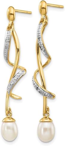 أقراط Diamond2Deal من الذهب الأصفر عيار 14 قيراط والألماس واللؤلؤ البيضاوي مقاس 7 × 5 مم (الطول - 1.65 بوصة، العرض - 0.28 بوصة) in Kuwait