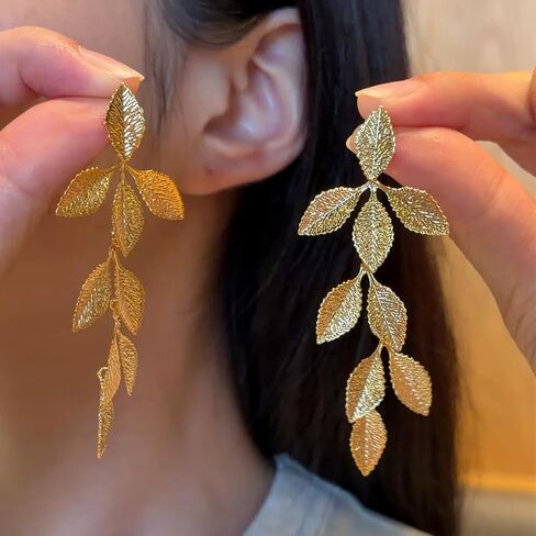 Gold Statement Earrings for Women 14K Gold Plated Leaf Dangle Earrings in Saudi Arabia