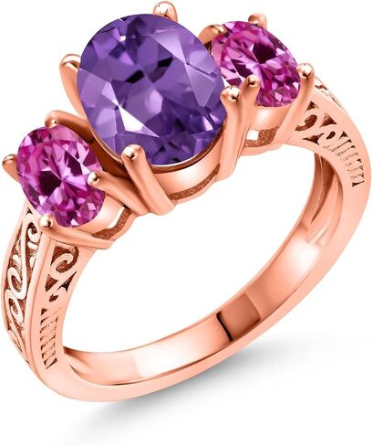 Gem Stone King 2.86 Cttw Purple Amethyst and Pink Created Sapphire 18K Rose Gold Plated Silver 3-Stone Ring for Women | 3 Stone Wedding Engagement Anniversary Promise Ring For Women in Kuwait