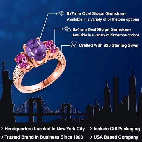 Gem Stone King 2.86 Cttw Purple Amethyst and Pink Created Sapphire 18K Rose Gold Plated Silver 3-Stone Ring for Women | 3 Stone Wedding Engagement Anniversary Promise Ring For Women in Kuwait
