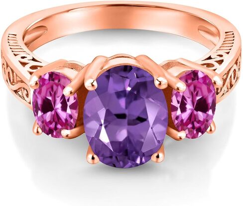 Gem Stone King 2.86 Cttw Purple Amethyst and Pink Created Sapphire 18K Rose Gold Plated Silver 3-Stone Ring for Women | 3 Stone Wedding Engagement Anniversary Promise Ring For Women in Kuwait