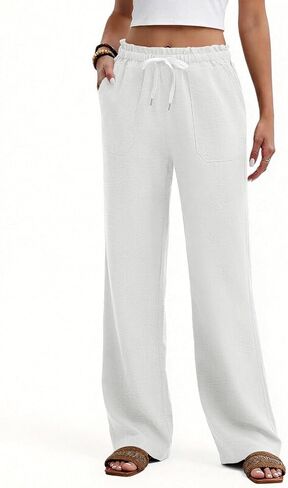 Women Summer Flowy Wide Leg Pants Long Palazzo Beach Boho Pant High Waisted Drawstring Slim Trousers with Pockets in Saudi Arabia