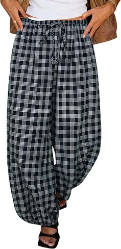 Tankaneo Womens Checkered Pants Baggy Balloon Plaid Harem Pants Casual Drawstring Wide Leg Trousers with Pockets in Kuwait