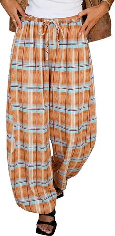 Tankaneo Womens Checkered Pants Baggy Balloon Plaid Harem Pants Casual Drawstring Wide Leg Trousers with Pockets in Kuwait