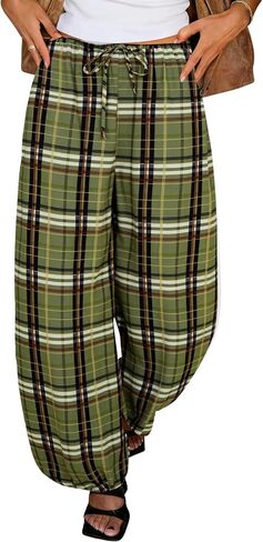 Tankaneo Womens Checkered Pants Baggy Balloon Plaid Harem Pants Casual Drawstring Wide Leg Trousers with Pockets in Kuwait