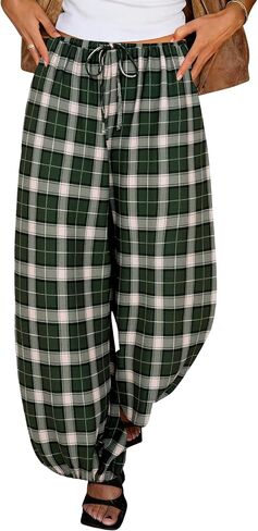 Tankaneo Womens Checkered Pants Baggy Balloon Plaid Harem Pants Casual Drawstring Wide Leg Trousers with Pockets in Kuwait