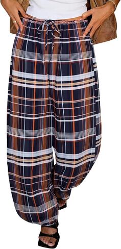 Tankaneo Womens Checkered Pants Baggy Balloon Plaid Harem Pants Casual Drawstring Wide Leg Trousers with Pockets in Kuwait