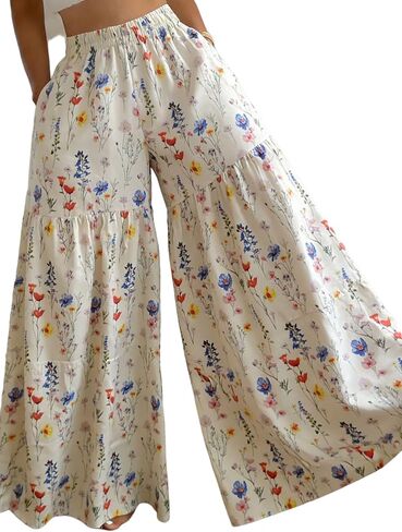 Women's Wide Leg Palazzo Pants Summer Casual Floral Polka Dot Printed Boho Flared Dressy Lounge Trousers Pant in Saudi Arabia