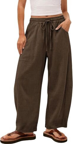 SMIDOW Linen Barrel Pants Women Casual Baggy Wide Leg Drawstring Palazzo Pants Summer Beach Travel Vacation Boho Trousers in Saudi Arabia