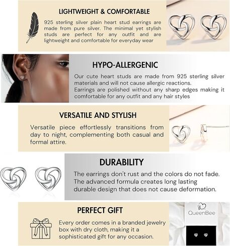 QueenBee 925 Sterling Silver Cubic Zirconia and Heart Stud Earrings – Hypoallergenic Simple Jewelry for Women, Sparkling Round CZ with Twisted Back, Gift for Valentine’s Day, Mother’s Day & Birthdays in Saudi Arabia