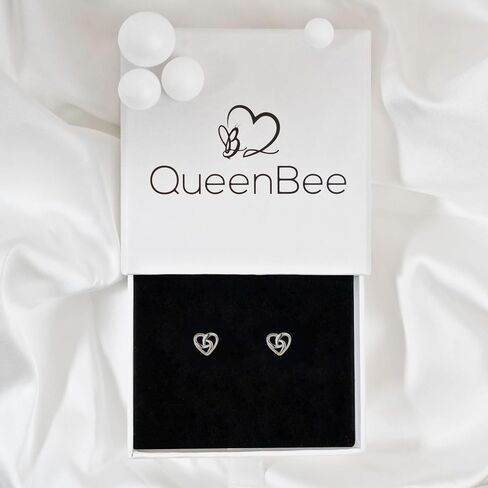 QueenBee 925 Sterling Silver Cubic Zirconia and Heart Stud Earrings – Hypoallergenic Simple Jewelry for Women, Sparkling Round CZ with Twisted Back, Gift for Valentine’s Day, Mother’s Day & Birthdays in Saudi Arabia