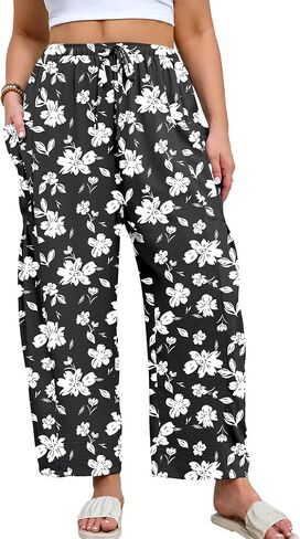 AusLook Plus Size Wide Leg Pants for Women with Pockets Elastic Drawstring Ankle Length Palazzo Summer Lounge Travel Trousers in Saudi Arabia
