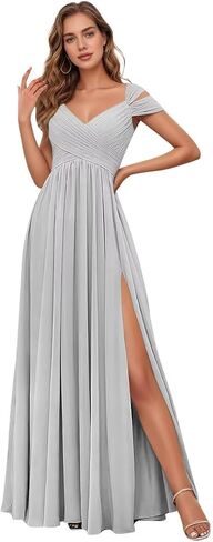 Fair Lady Chiffon Bridesmaid Dresses for Women Cold Shoulder A Line V Neck Pleated Formal Evening Party Gowns with Slit in Saudi Arabia