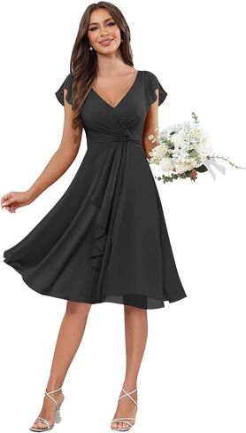 V-Neck Chiffon Bridesmaid Dress Short Sleeves A-Line Ruched Formal Evening Dresses in Kuwait