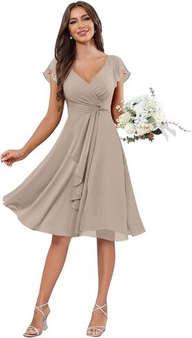 V-Neck Chiffon Bridesmaid Dress Short Sleeves A-Line Ruched Formal Evening Dresses in Kuwait