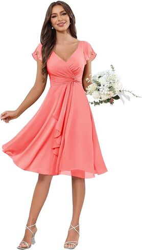V-Neck Chiffon Bridesmaid Dress Short Sleeves A-Line Ruched Formal Evening Dresses in Kuwait