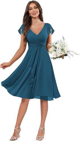 V-Neck Chiffon Bridesmaid Dress Short Sleeves A-Line Ruched Formal Evening Dresses in Kuwait