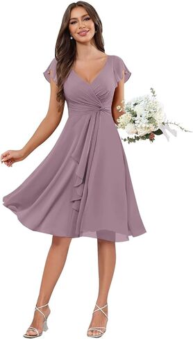 V-Neck Chiffon Bridesmaid Dress Short Sleeves A-Line Ruched Formal Evening Dresses in Kuwait