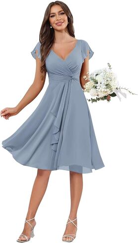 V-Neck Chiffon Bridesmaid Dress Short Sleeves A-Line Ruched Formal Evening Dresses in Kuwait