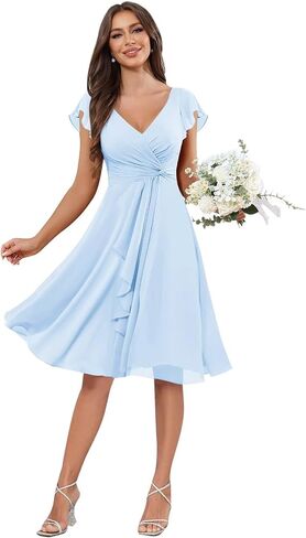 V-Neck Chiffon Bridesmaid Dress Short Sleeves A-Line Ruched Formal Evening Dresses in Kuwait
