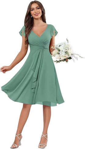 V-Neck Chiffon Bridesmaid Dress Short Sleeves A-Line Ruched Formal Evening Dresses in Kuwait