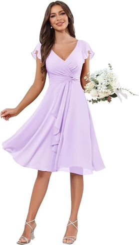 V-Neck Chiffon Bridesmaid Dress Short Sleeves A-Line Ruched Formal Evening Dresses in Kuwait