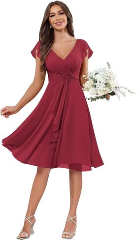 V-Neck Chiffon Bridesmaid Dress Short Sleeves A-Line Ruched Formal Evening Dresses in Kuwait