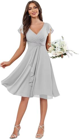 V-Neck Chiffon Bridesmaid Dress Short Sleeves A-Line Ruched Formal Evening Dresses in Kuwait