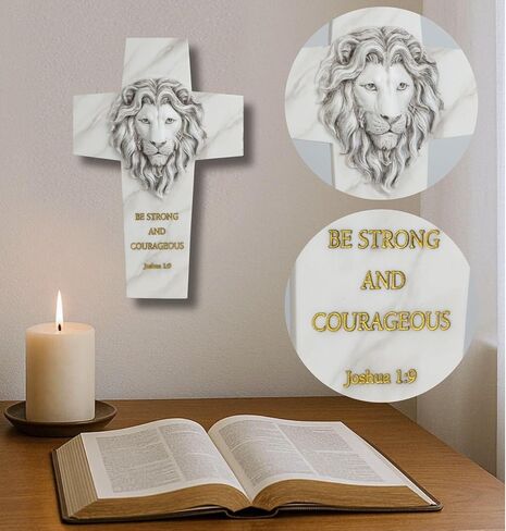 ShineOnAngel Lion of Judah Wall Cross, 11.5" Resin Lion Head Wall Cross with Scripture Joshua 1:9, Be Strong and Courageous Decorative Cross, Hand-Painted Marble Finish Religious Gift for Men, Pastor, Confirmation in Saudi Arabia