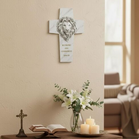 ShineOnAngel Lion of Judah Wall Cross, 11.5" Resin Lion Head Wall Cross with Scripture Joshua 1:9, Be Strong and Courageous Decorative Cross, Hand-Painted Marble Finish Religious Gift for Men, Pastor, Confirmation in Saudi Arabia