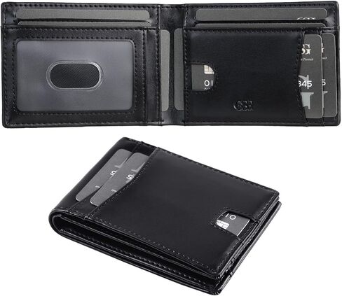 Men's Genuine Leather RFID Blocking Slim Wallet Pop-Up Card Holder 9-12 Card Capacity ID Window & Cash Slot (Black-Cash Pocket) in Saudi Arabia