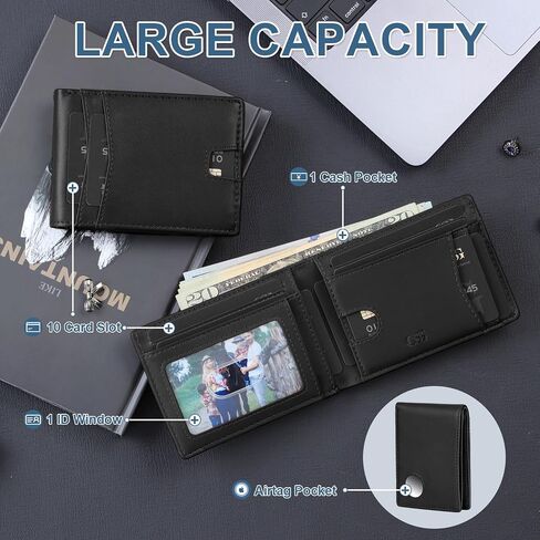 Men's Genuine Leather RFID Blocking Slim Wallet Pop-Up Card Holder 9-12 Card Capacity ID Window & Cash Slot (Black-Cash Pocket) in Saudi Arabia