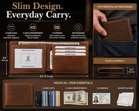 Personalized Son In Law Wallet, Engraved Genuine Crazy Horse Leather Wallet for Men, To My Son In Law Gift from Mother in Law, Birthday Christmas Wedding Gift in Kuwait