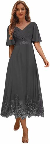 Tea Length Mother of The Bride Dresses for Wedding Lace Beaded Formal Evening Dress with Sleeves in Saudi Arabia