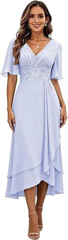 Tea Length Mother of The Bride Dresses for Women Short Sleeve Lace Applique Ruffle Formal Evening Gowns in Saudi Arabia