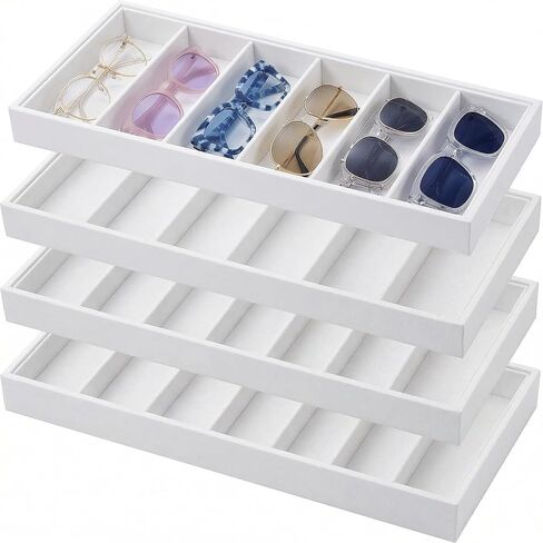 4 Pack Velvet Sunglasses Organizer Tray, 6 Grid Eyeglass Storage Display Case, Stackable MDF Drawer Organizer for Glasses, Jewelry, Watch, Cosmetics (Beige) in Saudi Arabia